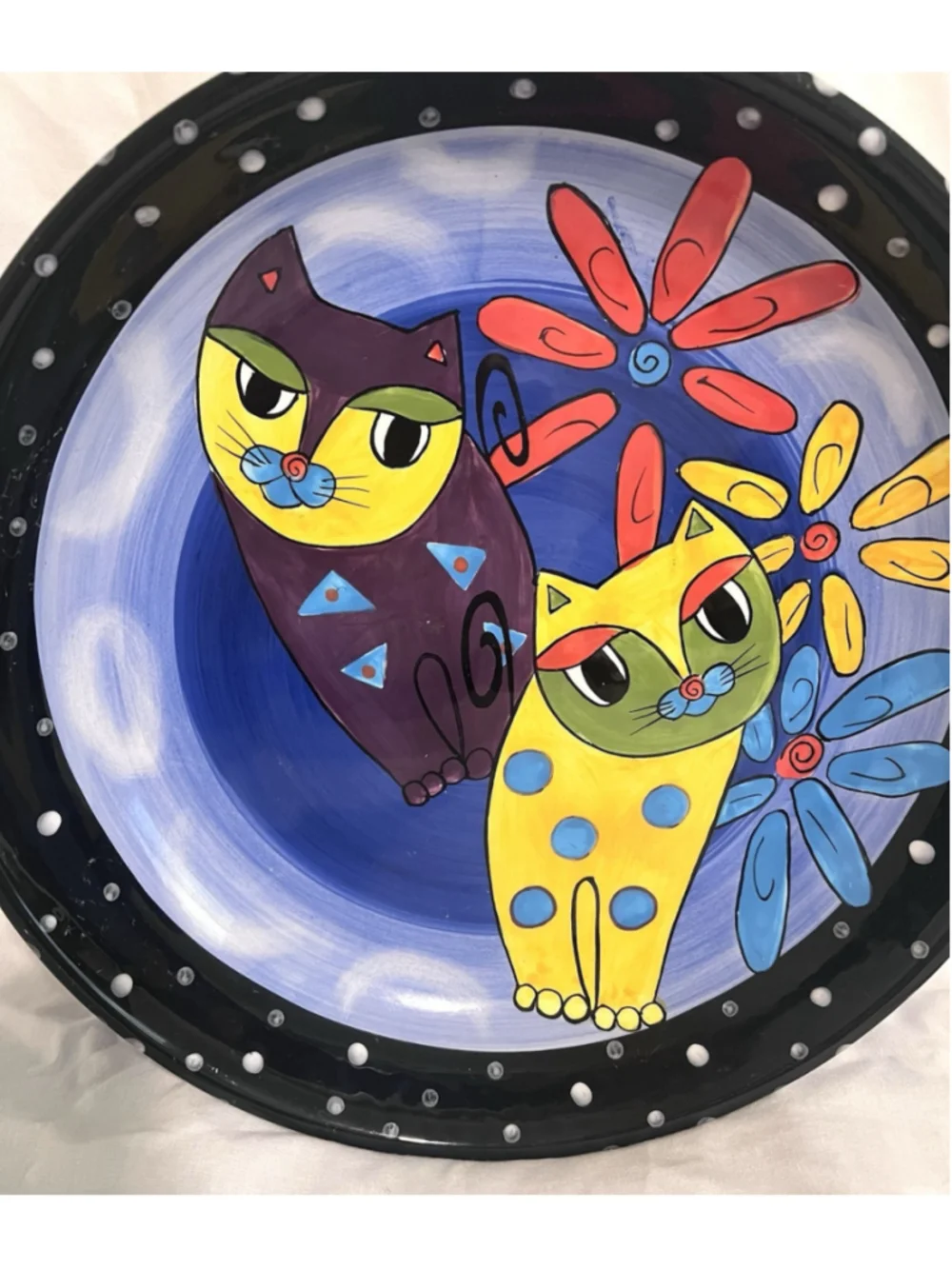 Milson and Louis Abstract Cats & Flowers Platter 13” Hand Painted Colorful Bowl